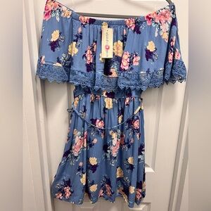 Wishful Park - Floral Blue Off Shoulder Boho Dress - New with Tag - Size: Medium